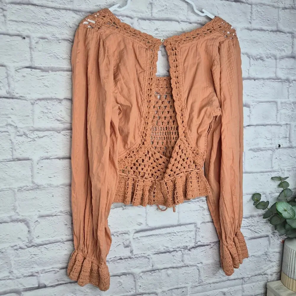 Free People Megan Crochet Peplum Blouse Open Back Boho Top Terracotta Gauze S